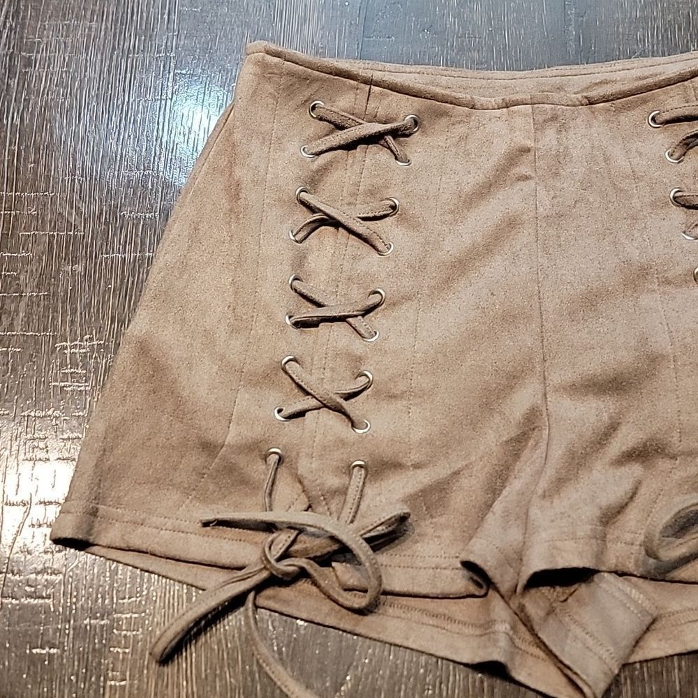 Luxxel Mocha Suede Lace-up Shorts - Picture 9 of 16